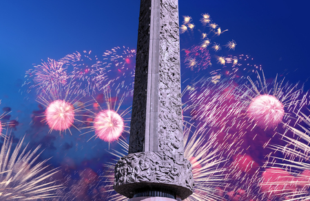 Fireworks over the War memorial in Victory Park on Poklonnaya Hill (Gora), Moscow, Russiaのeditorial素材