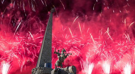 Fireworks over the War memorial in Victory Park on Poklonnaya Hill (Gora), Moscow, Russiaのeditorial素材