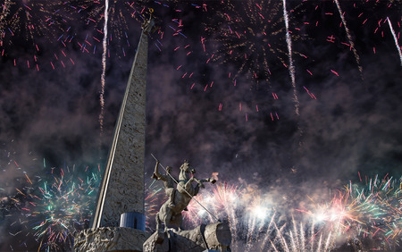 Fireworks over the War memorial in Victory Park on Poklonnaya Hill (Gora), Moscow, Russiaのeditorial素材