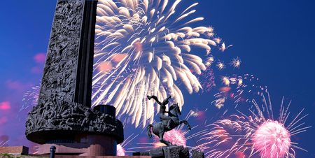 Fireworks over the War memorial in Victory Park on Poklonnaya Hill (Gora), Moscow, Russiaのeditorial素材