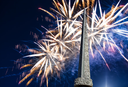 Fireworks over the War memorial in Victory Park on Poklonnaya Hill (Gora), Moscow, Russiaのeditorial素材