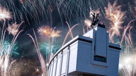 Fireworks over the War memorial in Victory Park on Poklonnaya Hill (Gora), Moscow, Russiaのeditorial素材