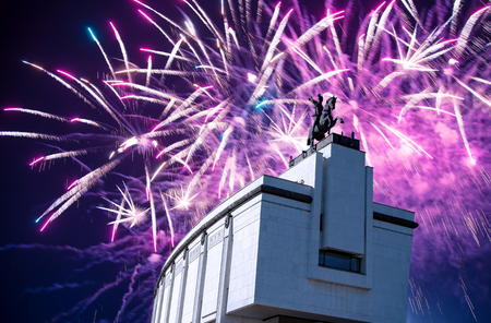 Fireworks over the War memorial in Victory Park on Poklonnaya Hill (Gora), Moscow, Russiaのeditorial素材