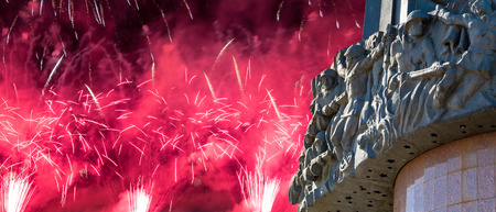 Fireworks over the War memorial in Victory Park on Poklonnaya Hill (Gora), Moscow, Russiaのeditorial素材