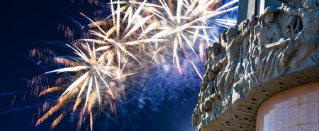 Fireworks over the War memorial in Victory Park on Poklonnaya Hill (Gora), Moscow, Russiaのeditorial素材
