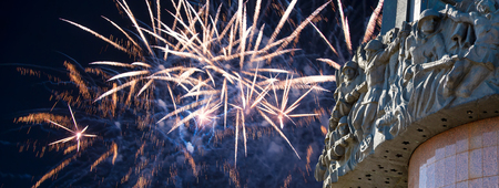 Fireworks over the War memorial in Victory Park on Poklonnaya Hill (Gora), Moscow, Russiaのeditorial素材