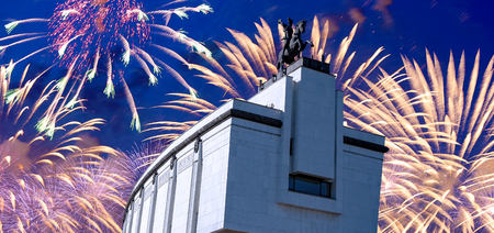 Fireworks over the War memorial in Victory Park on Poklonnaya Hill (Gora), Moscow, Russiaのeditorial素材