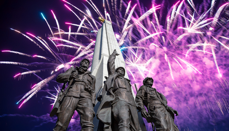 Fireworks over the Monument to the Hitler Coalition, Alley Partisan in Victory Park on Poklonnaya hill, Moscow, Russiaのeditorial素材