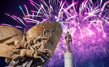 Fireworks over the Monument to the heroes First World War in Victory Park on Poklonnaya Hill, Moscow, Russiaのeditorial素材