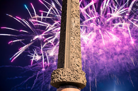 Fireworks over the War memorial in Victory Park on Poklonnaya Hill (Gora), Moscow, Russiaのeditorial素材