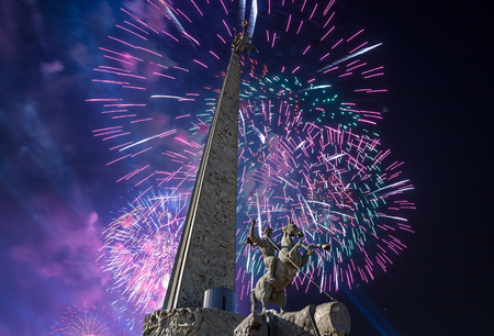 Fireworks over the War memorial in Victory Park on Poklonnaya Hill (Gora), Moscow, Russiaのeditorial素材