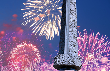 Fireworks over the War memorial in Victory Park on Poklonnaya Hill (Gora), Moscow, Russiaのeditorial素材