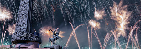 Fireworks over the War memorial in Victory Park on Poklonnaya Hill (Gora), Moscow, Russiaのeditorial素材