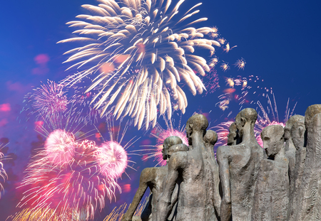 Fireworks over the Monument The tragedy of peoples in Victory Park on Poklonnaya Hill (Gora), Moscow, Russia-- established in memory of the victims of the fascist genocideのeditorial素材