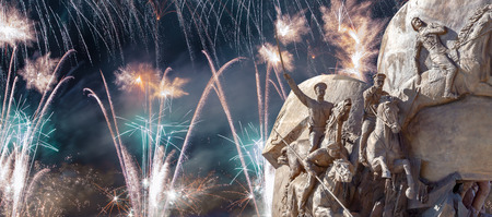 Fireworks over the Monument to the heroes First World War in Victory Park on Poklonnaya Hill, Moscow, Russiaのeditorial素材