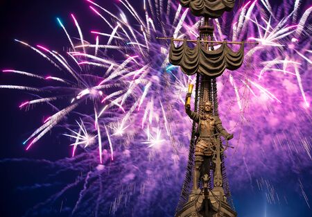 Celebratory colorful fireworks and the Peter the Great Statue, Moskow. Russiaの写真素材
