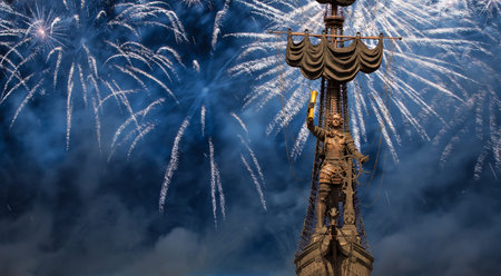 Celebratory colorful fireworks and the Peter the Great Statue, Moskow. Russiaの写真素材
