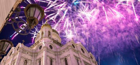 Fireworks over the Christ the Savior Cathedralの写真素材