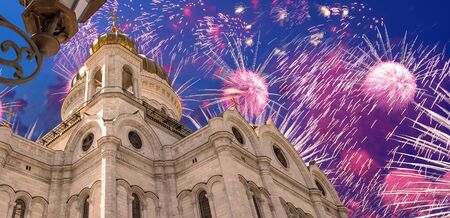 Fireworks over the Christ the Savior Cathedralの写真素材