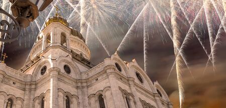 Fireworks over the Christ the Savior Cathedralの写真素材