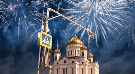 Fireworks over the Christ the Savior Cathedralの写真素材
