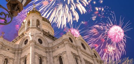 Fireworks over the Christ the Savior Cathedralの写真素材