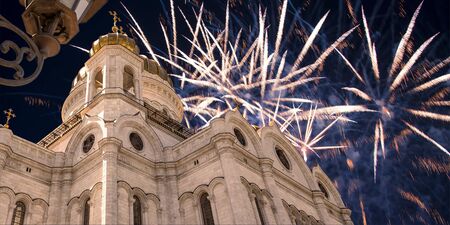 Fireworks over the Christ the Savior Cathedralの写真素材