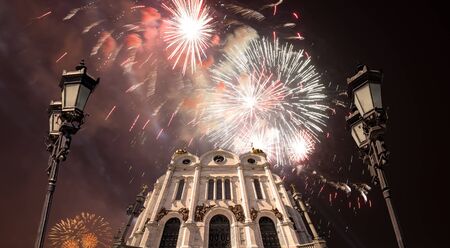 Fireworks over the Christ the Savior Cathedralの写真素材