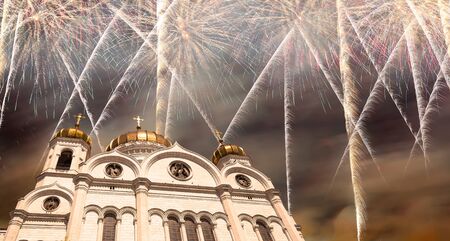 Fireworks over the Christ the Savior Cathedralの写真素材