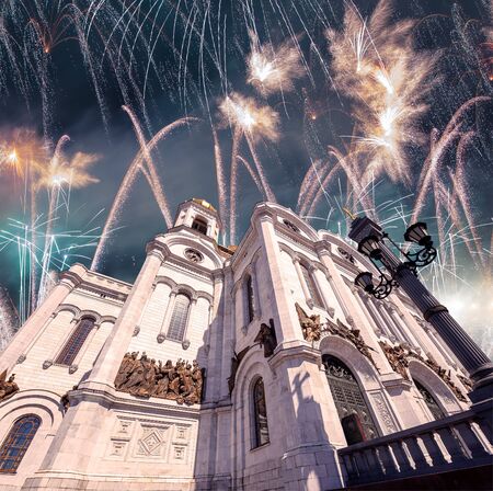 Fireworks over the Christ the Savior Cathedralの写真素材