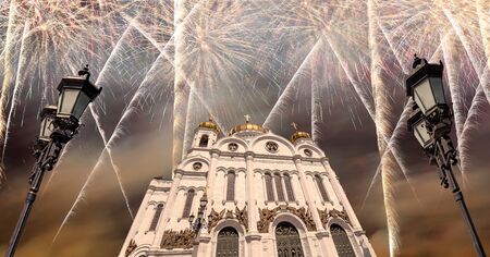 Fireworks over the Christ the Savior Cathedralの写真素材
