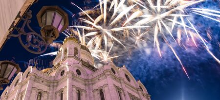 Fireworks over the Christ the Savior Cathedralの写真素材