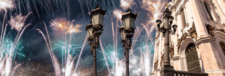 Fireworks over the Christ the Savior Cathedralの写真素材