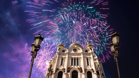 Fireworks over the Christ the Savior Cathedralの写真素材