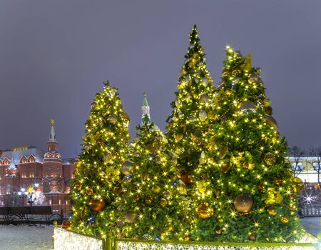 Christmas (New Year holidays) decoration in Moscow (at night), Russia-- Manege Square near the Kremlinの写真素材