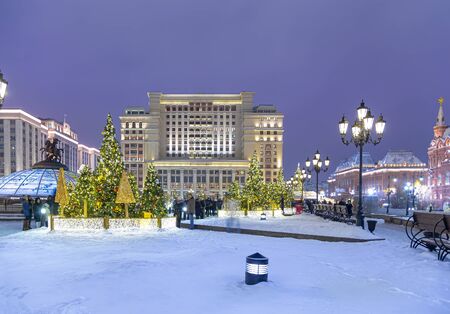 Christmas (New Year holidays) decoration in Moscow (at night), Russia-- Manege Square near the Kremlinの写真素材