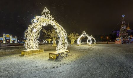 Christmas (New Year holidays) decoration in Moscow (at night), Russia-- near the Big Moscow Circus on Vernadskogo Prospekt.の写真素材
