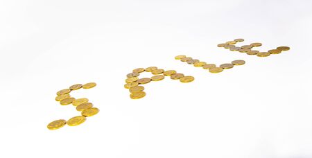 Sale sign, lined with 10-ruble coins (written ten rubles, the Bank of Russia in the Russian) on white backgroundの写真素材