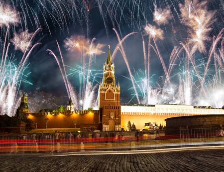 Moscow Kremlin and fireworks in honor of Victory Day celebration (WWII),  Red Square, Moscow, Russia-- the most popular view of Moscow  の写真素材
