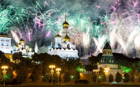 Moscow Kremlin and fireworks in honor of Victory Day celebration (WWII),  Red Square, Moscow, Russia-- the most popular view of Moscow  の写真素材