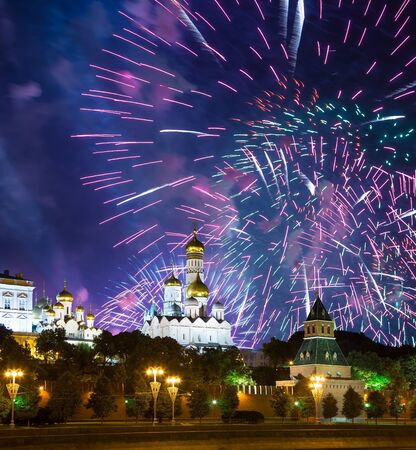 Moscow Kremlin and fireworks in honor of Victory Day celebration (WWII),  Red Square, Moscow, Russia-- the most popular view of Moscow  の写真素材