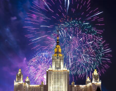 Moscow University (main building) and fireworks in honor of Victory Day celebration (WWII),  Russia   の写真素材