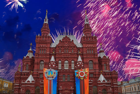 The building of the Museum and fireworks in honor of Victory Day celebration (WWII),  Red Square, Moscow, Russiaのeditorial素材
