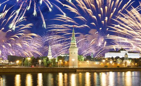 Moscow Kremlin and fireworks in honor of Victory Day celebration (WWII),  Red Square, Moscow, Russia-- the most popular view of Moscow  の写真素材
