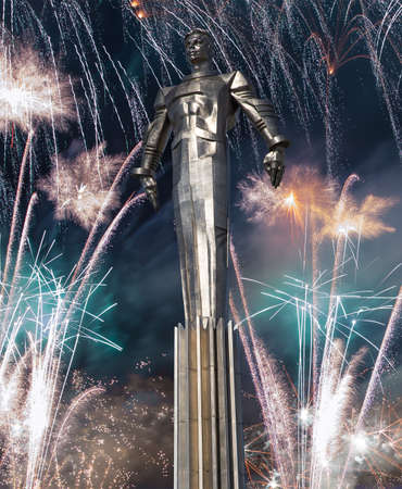 Fireworks over the Monument to Yuri Gagarin (42.5-meter high pedestal and statue), the first person to travel in space. It is located at Leninsky Prospekt in Moscow, Russia.のeditorial素材