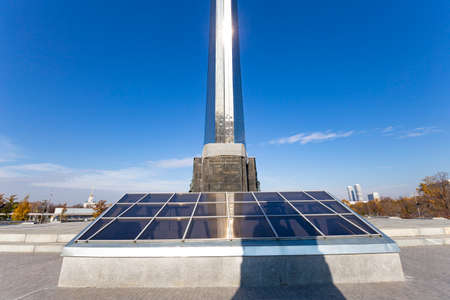 Conquerors of Space Monument, Moscow, Russia.Translation:And our efforts were rewarded once overcoming rightlessness and darkness by forging blazing wings to our nation and the age of ours!のeditorial素材