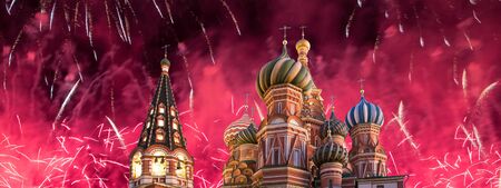 Cathedral of Intercession of Most Holy Theotokos on the Moat ( Temple of Basil the Blessed) and fireworks in honor of Victory Day celebration (WWII), Red Square, Moscow, Russiaの写真素材