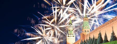 Moscow Kremlin and fireworks in honor of Victory Day celebration (WWII),  Red Square, Moscow, Russia-- the most popular view of Moscowの写真素材