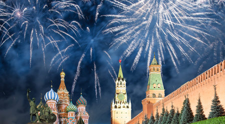 Moscow Kremlin and fireworks in honor of Victory Day celebration (WWII),  Red Square, Moscow,...