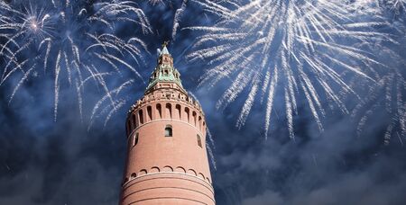 Moscow Kremlin and fireworks in honor of Victory Day celebration (WWII),  Red Square, Moscow, Russia-- the most popular view of Moscow  の写真素材